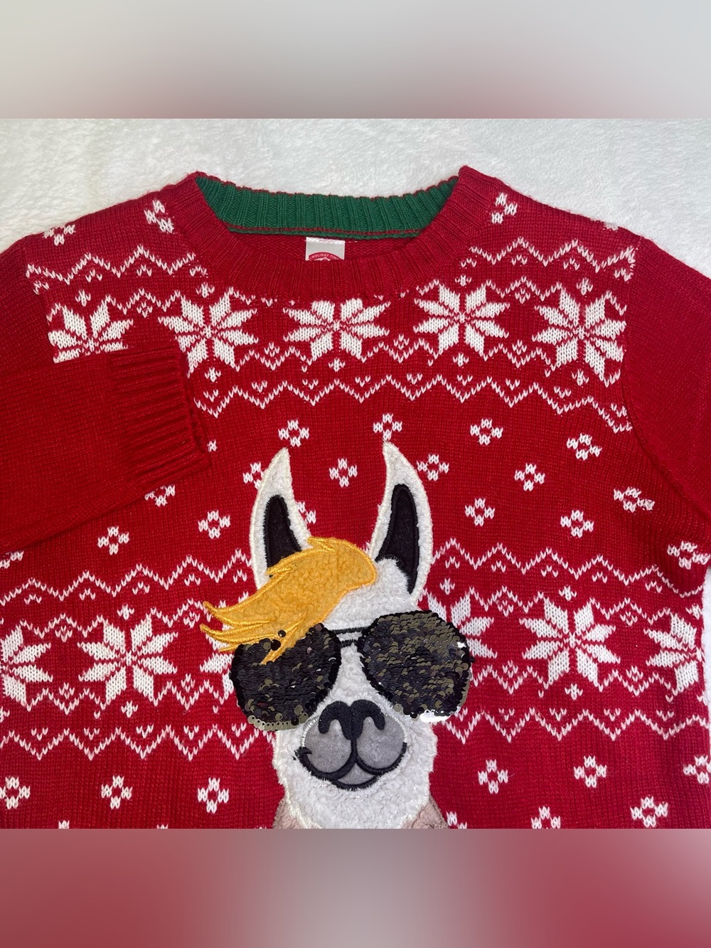 Holiday Time Kids L 10-12 Ugly Christmas Sweater Red Llama Sequin Sunglasses